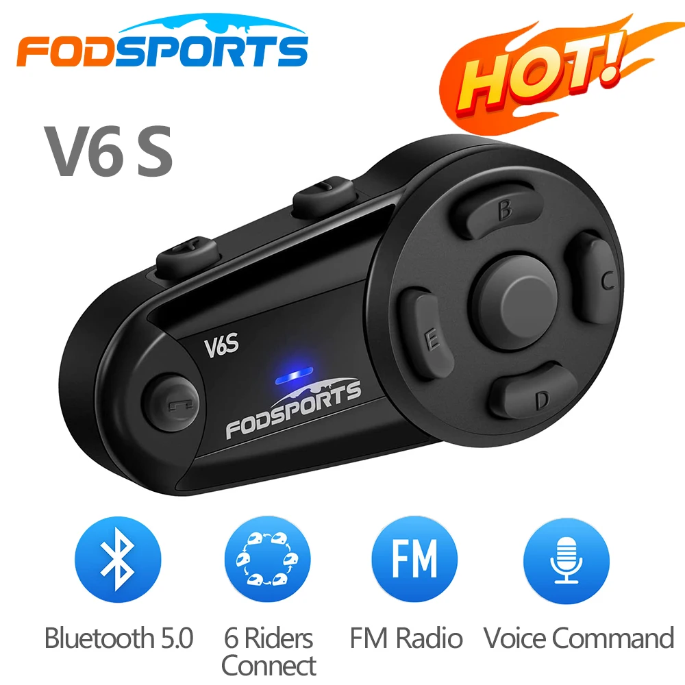 Bluetooth-гарнитура Fodsports V6 S для мотоциклетного шлема, беспроводное переговорное устройство для 6 водителей, FM-радио, GPS