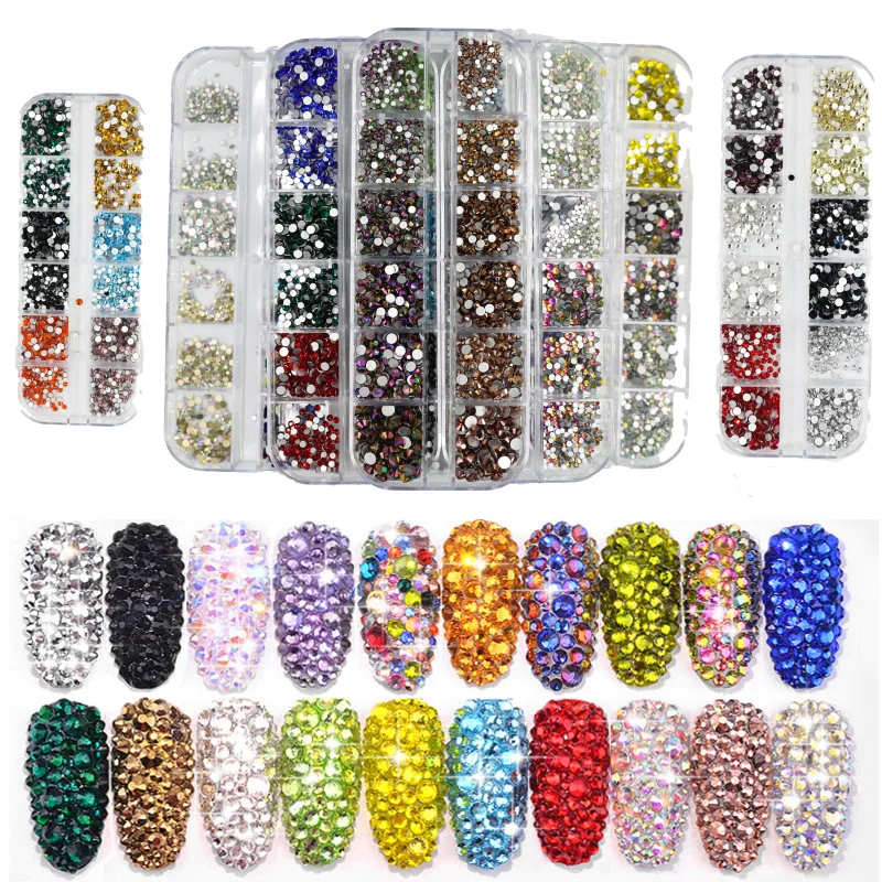 

12 Grid 1440pcs Mix Sizes Glass Crystal Non Hot Fix Rhinestone Flatback 3D glitter Nail Art /Garment Rhinestones Decorations