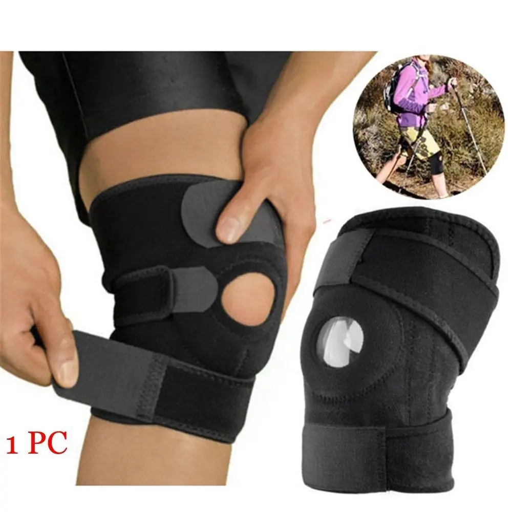 Black Knee Patella Support Brace Adjustable Sleeve Wrap Cap Stabilizer Sports Wrap Brace Hiking Sports Breathable Knee Protector body builder knee wrap support black