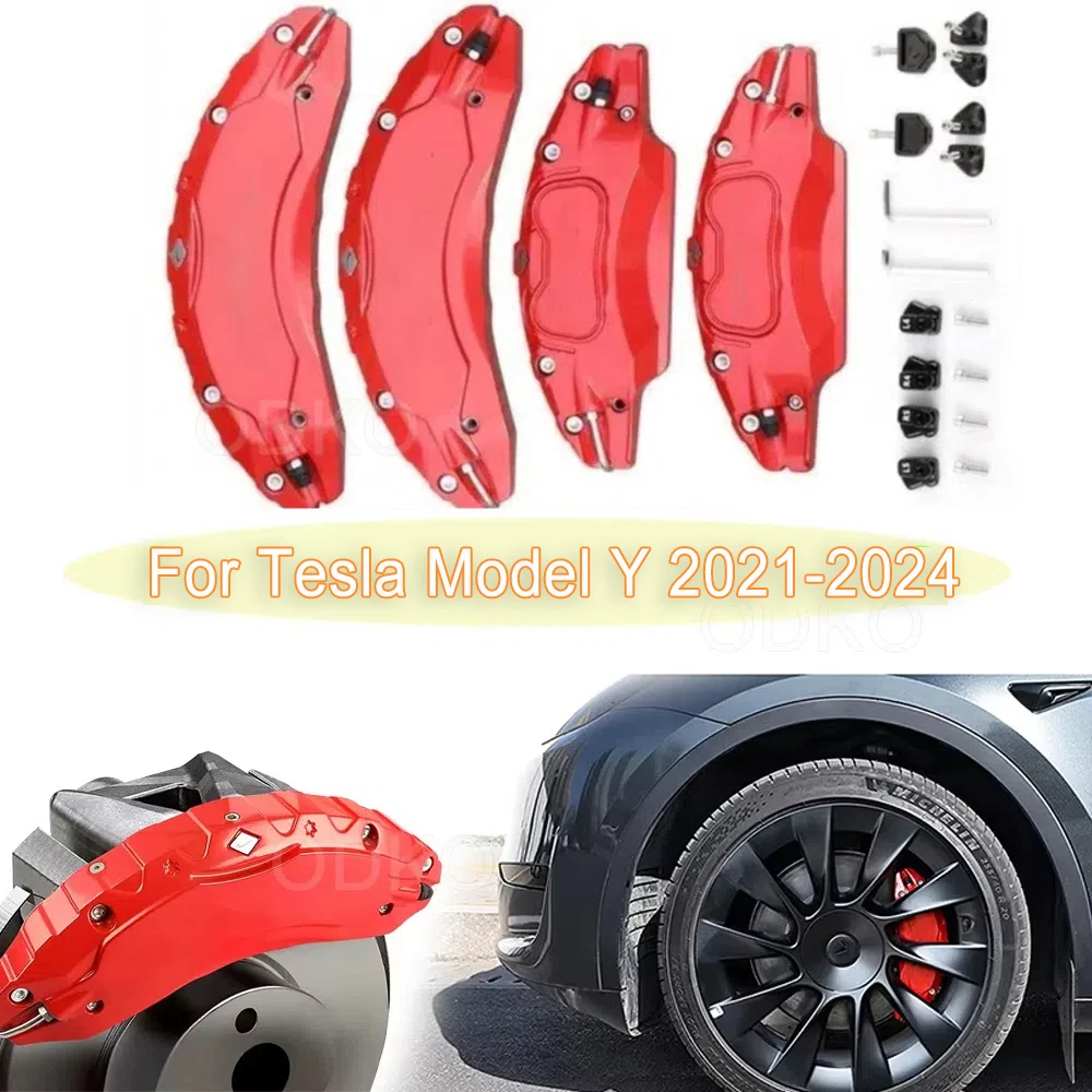 4-Piece Red Aluminum Brake Caliper Cover Set For Tesla Model Y (2020-2024 Models) - Accessory