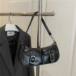 Chic Vintage - Inspired Women's PU Leather Shoulder Bag with Double Pocket Design (Black)