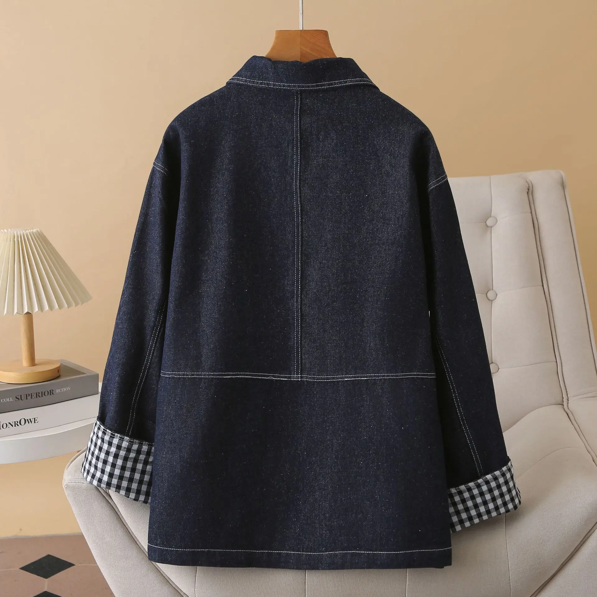 Plus Size Women's Jean Jacket Fashion Loose Cuffs Plaid Sleeve Single Breasted Denim Coat Autumn 2025