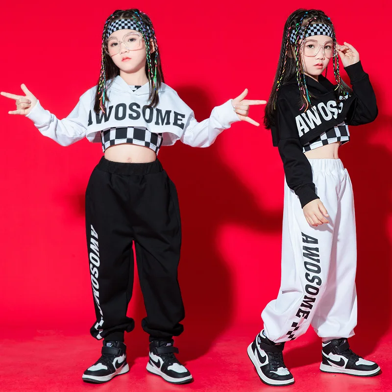 Hip Hop Girls Crop Top Joggers Jazz Clothes Sets Children Streetwear Street  Dance Cargo Pants Kids Balck Goth Stage Costumes