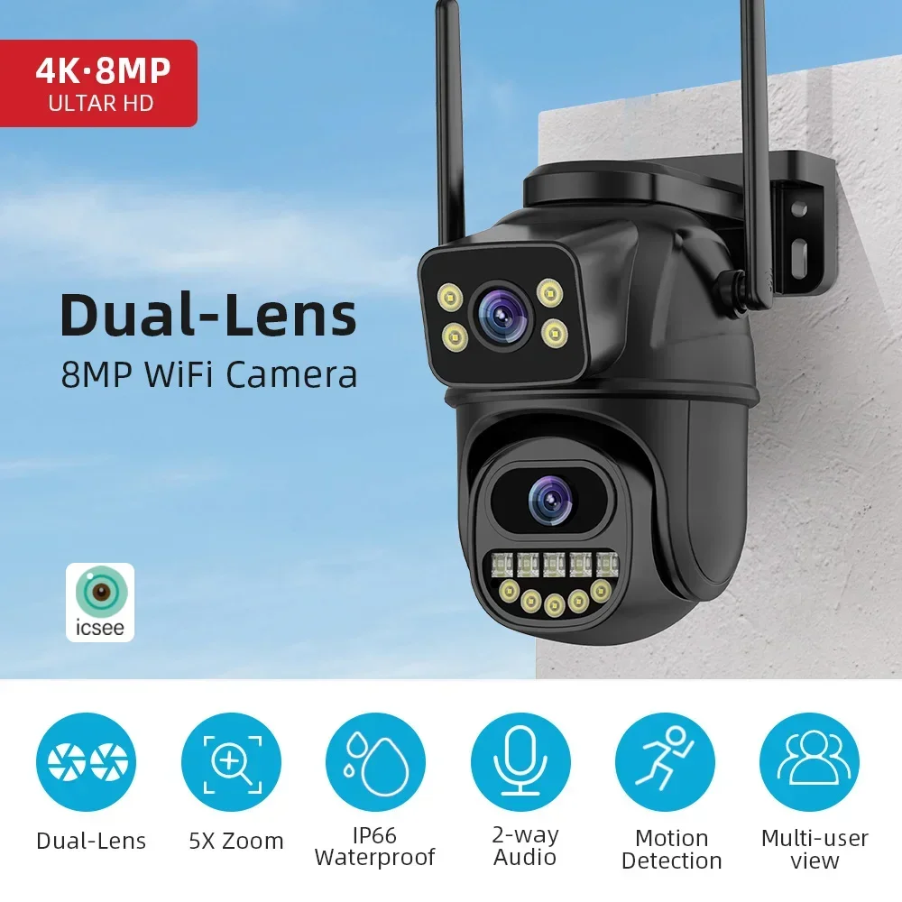 

PEGATAH 4K 8MP WiFi Surveillance Camera, Dual Lens, 4X Digital Zoom, AI Human Detect, ONVIF, Outdoor Security PTZ IP Cameras