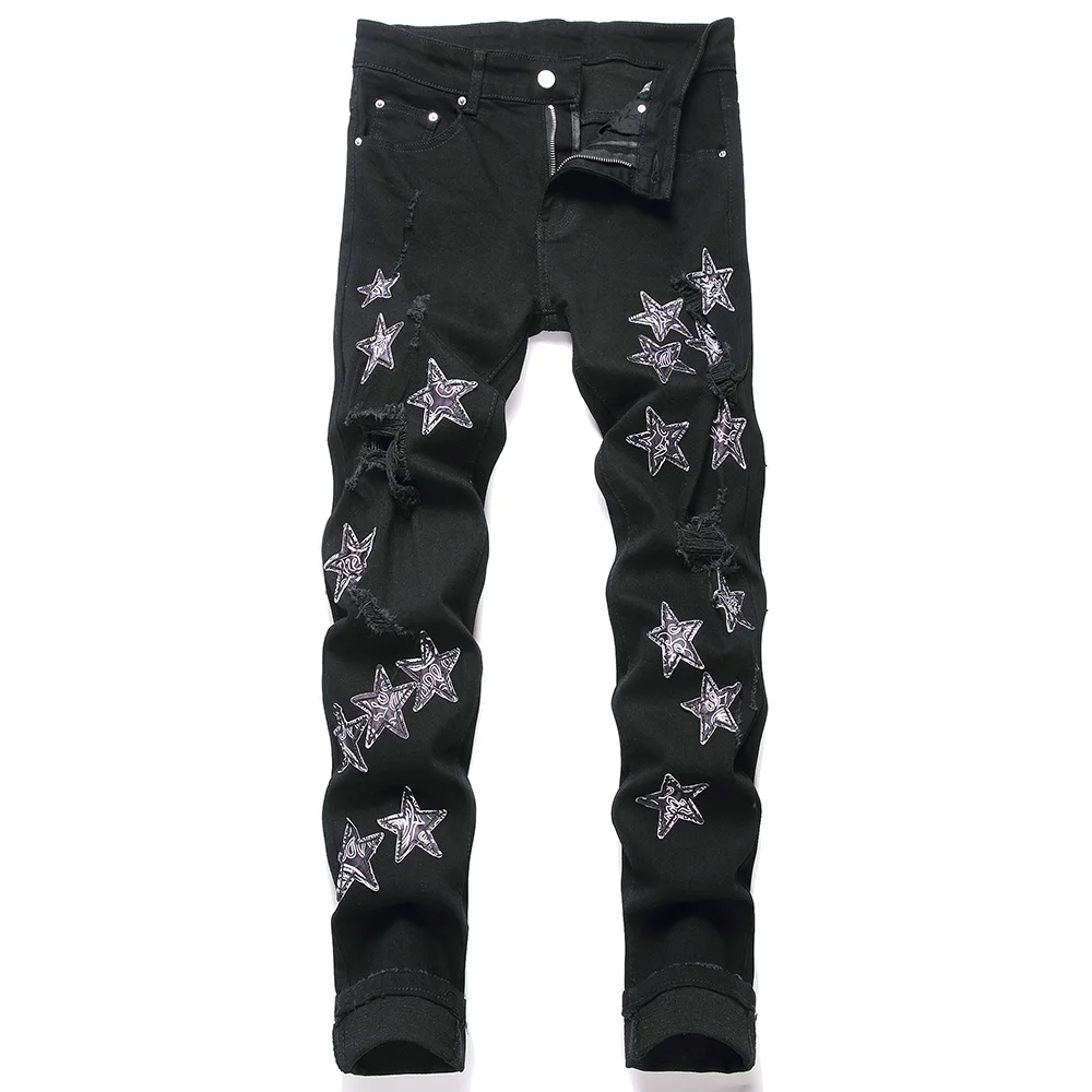 

Men Stars Patches Stretch Denim Jeans Streetwear Holes Ripped Black Pants Bandana Print Slim Tapered Trousers