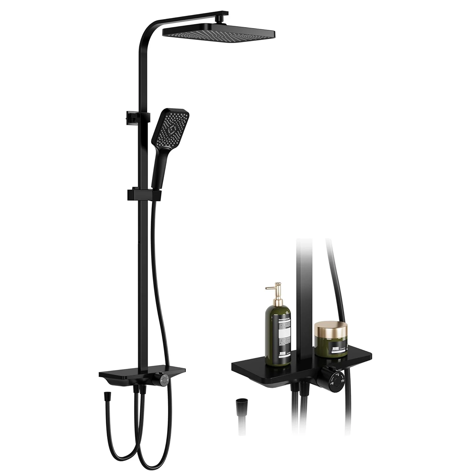 Ensemble de douche pluie sans robinets, système de douche de salle de bain en acier inoxydable, colonne réglable avec étagère/douchette carrée 25x25cm