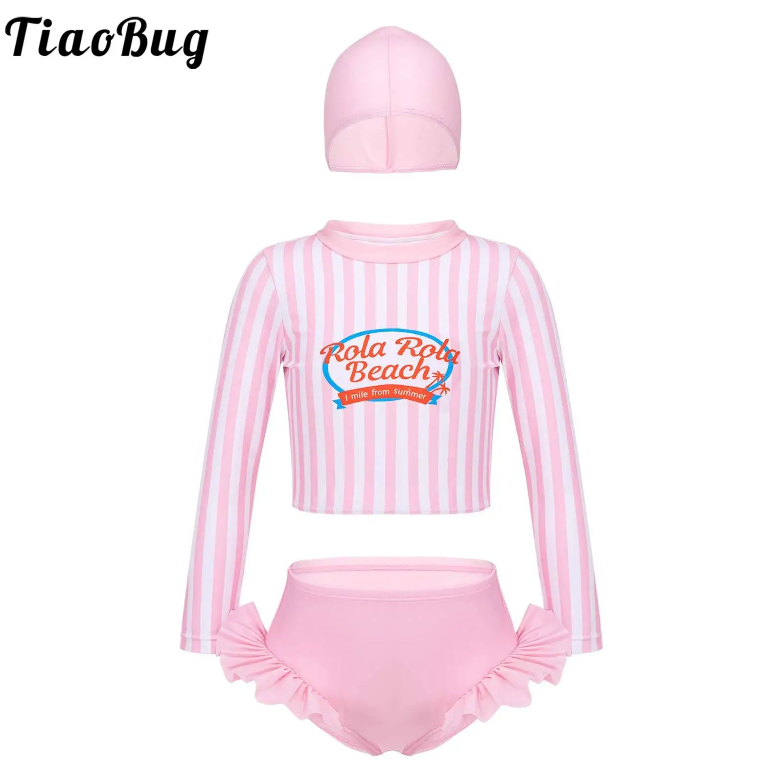 

3Pcs Swim Suit Kids Girls Fashion Swimsuit Long Sleeve Stripes Letters Print Top Flounce Brief with Swim Hat Set Girls Swimwear