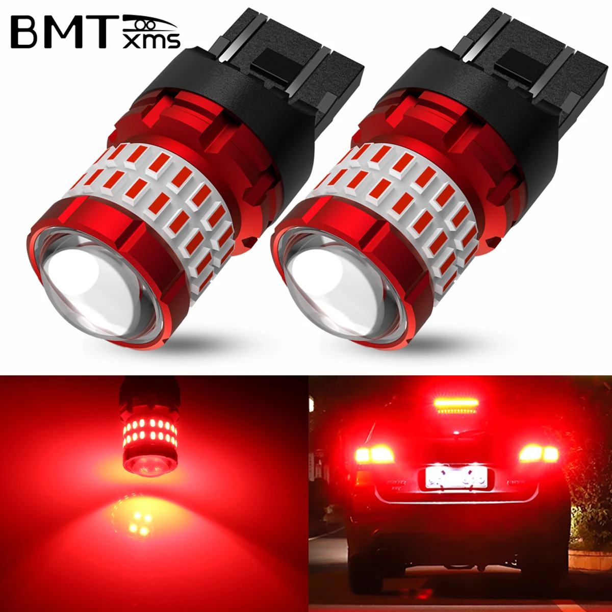 BMTxms 2pcs T20 W21W W21/5W LED 7440 7443 LED Canbus Bulbs Auto Red Brilliant Replacement Brake Tail Parking Light Car Lamps 12V