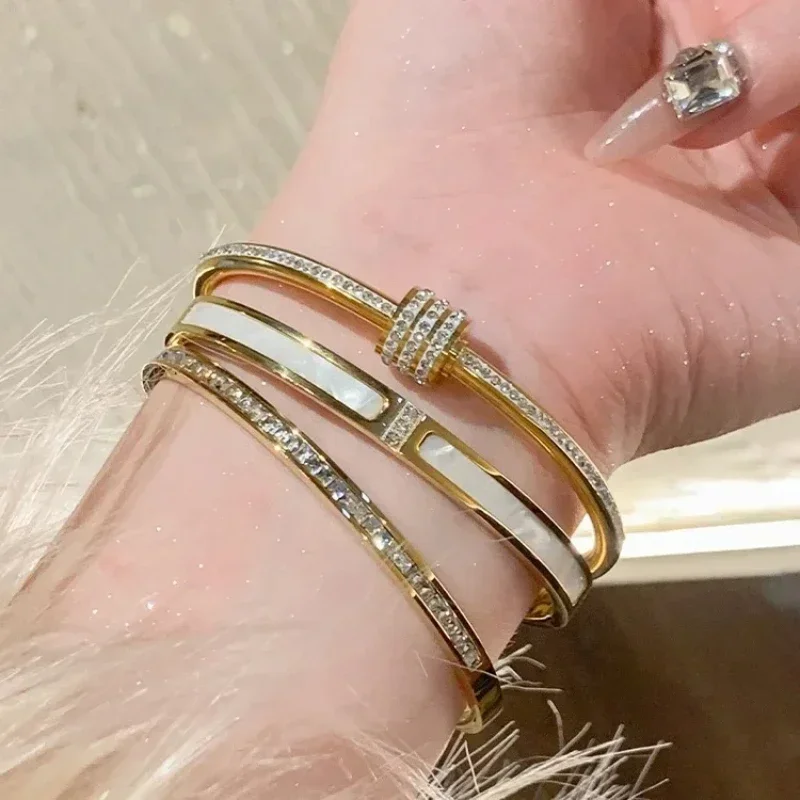Titanium Steel Gold Silver Color Bangles for Women Girls Trend Waterproof Jewelry Luxury Sparkling Zircon Bracelet Bangle 4