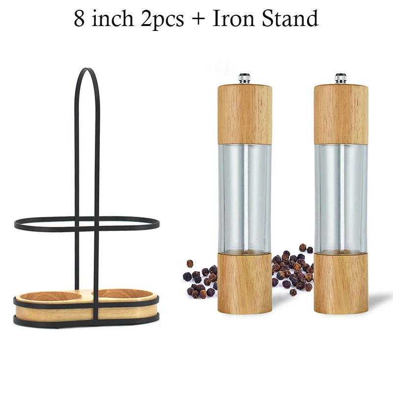 Wooden Salt and Pepper Grinder Set Manual Mills with Acrylic Visible Window and Iron Stand Kitchen Helper 6 /8 Inches