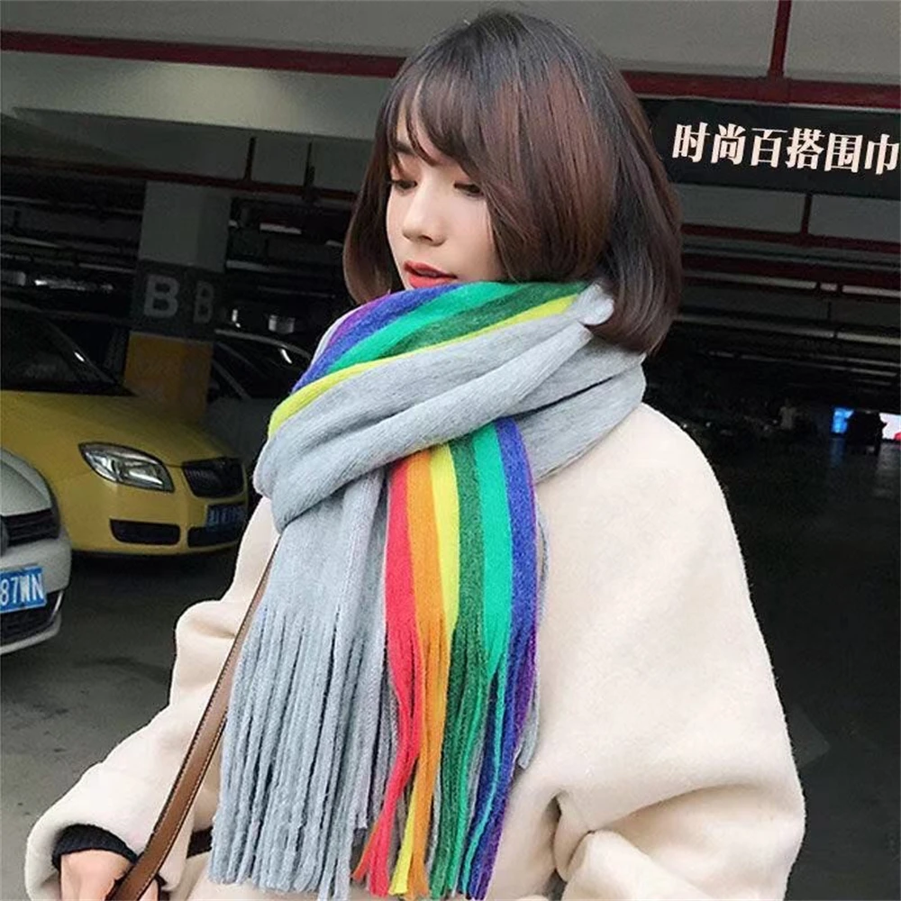 Women's Rainbow Scarf Winter Cashmere Shawl Thickened Warm Knitted Line Scarf Long Fashion Bufandas Shawl Pashmina for Femme 4