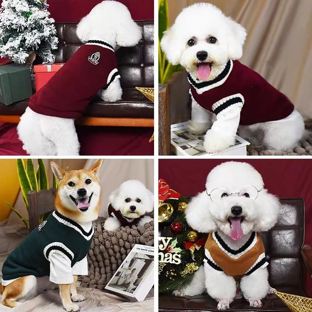 Winter Warm Pet Dog Sweater College Style V-neck Puppy Knitwear For Small Dogs Puppy Vest Clothes Kitty Jacket Outfits 6