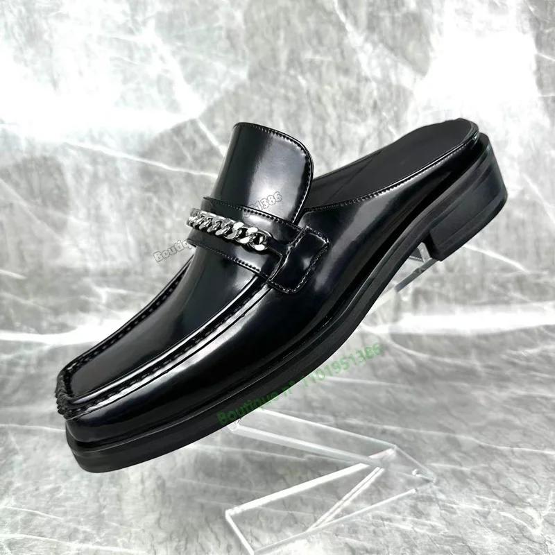

Black Chain Decor Pumps Patent Leather Sandals Heel Square Toe Solid Shoes for Women Shoes on Heels 2023 New Zapatos Para Mujere