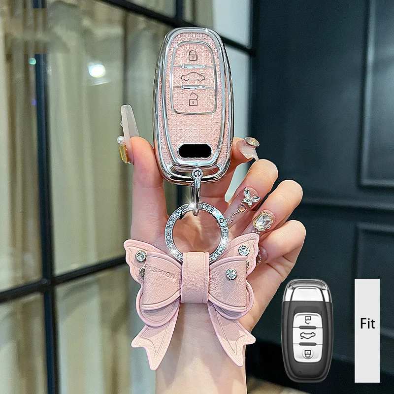 Ontto Custodia Portachiavi Auto Con Cristalli E Strass Per Audi, Protezione Completa, Colore Rosa, Modelli A1, A3, A4, Q3, Q7 E Altri