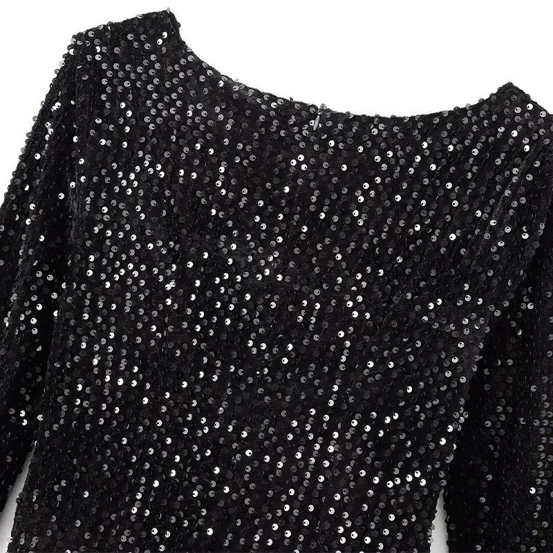Vestido corto sexy con lentejuelas Y2K y volantes para mujer, elegante, sin espalda, cuello redondo, manga larga, negro, ajustado, para fiesta de otoño