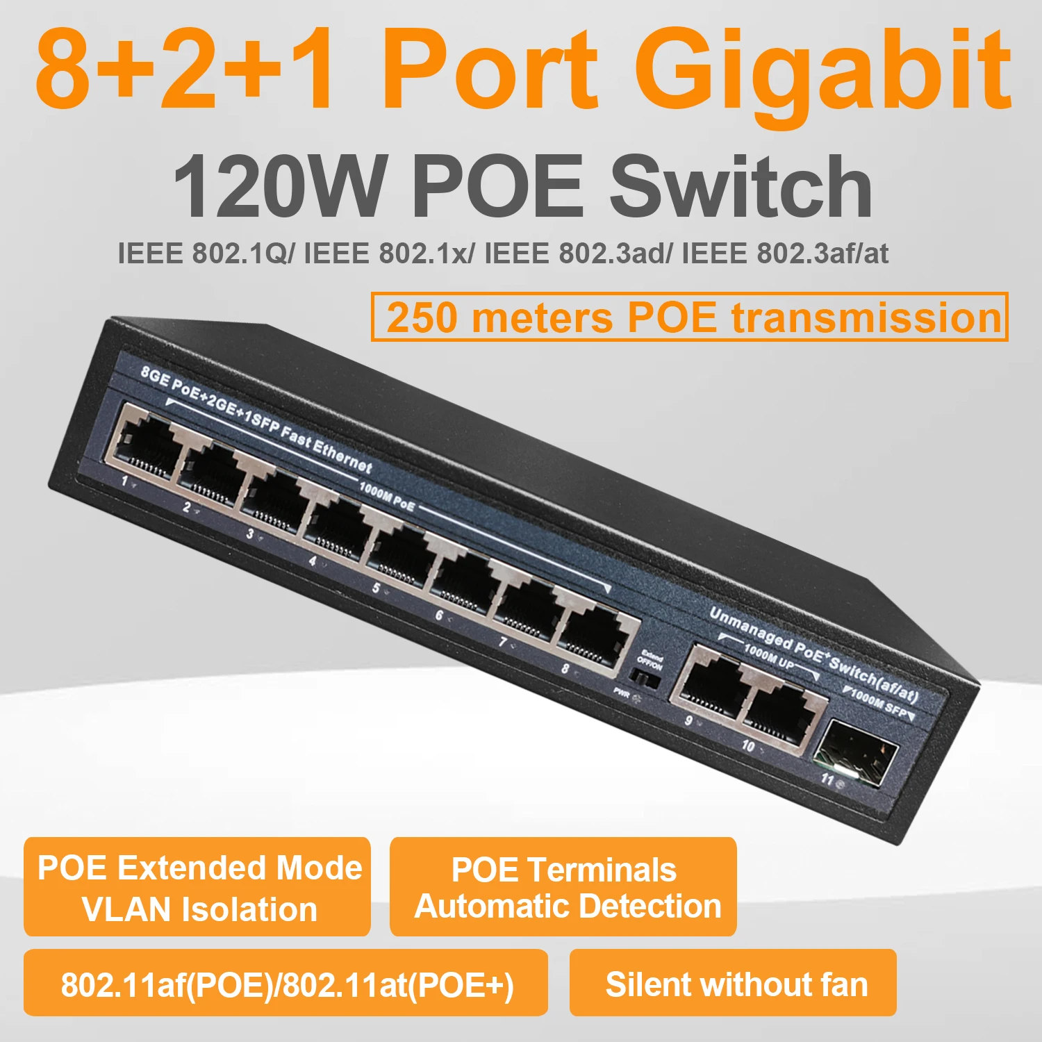 

Full Gigabit POE Network Ethernet Switch Unmanaged Hub 120W 8 POE +2 RJ45 +1 SFP Uplink Ports 1000Mbps 802.3 Af At for CCTV