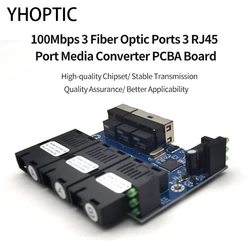 Fiber Optic Converters, Media Converter, PCBA Board, Single Mode, 3 RJ45 Port, 0-20km, 100Mbps