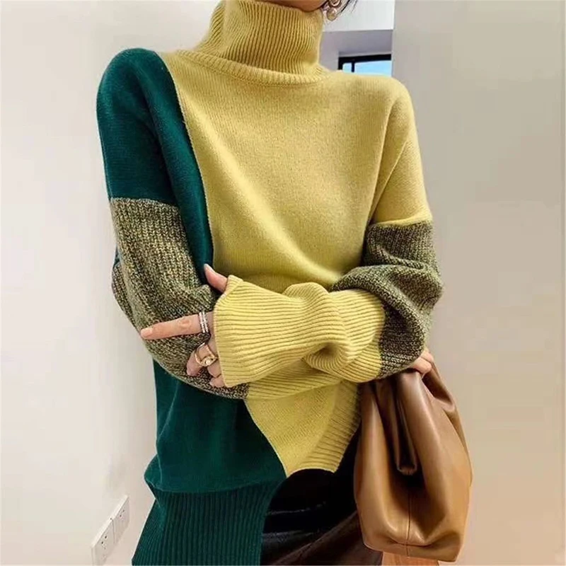 2021 Autumn Winter Loose Color Contrast Pullover Basic Warm Sweater for Women Soft Kniited Turtleneck Sweater Women Pull cardigan Sweaters