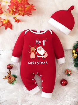 Christmas Limited Edition round Neck Romper Suit with Hat for Newborn Baby Spring Autumn Wear 1