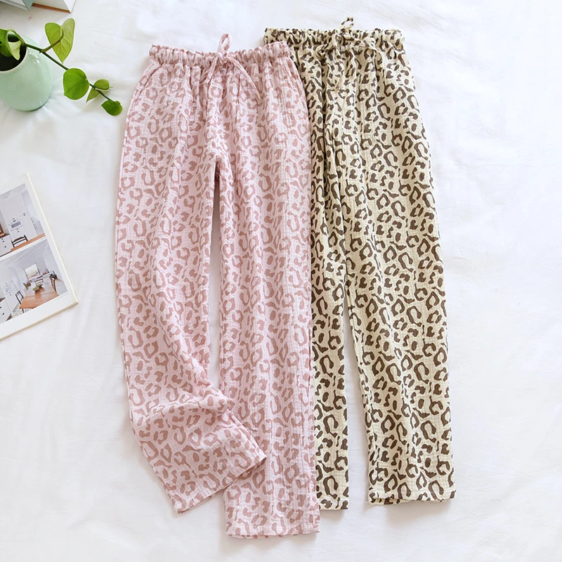 2025 Spring And Summer New Ladies Pants 100% Cotton Crepe Leopard Print Pajamas Sweat-absorbent Breathable Home Pants Trousers_voghion.com
