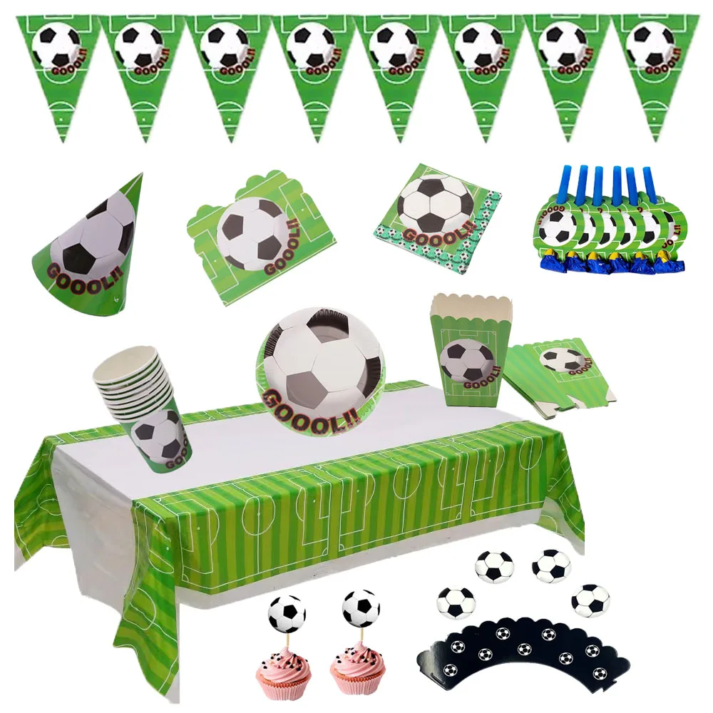 

New Soccer Football Theme Kids Boy Birthday Decoration Cup Plate Napkin Banner Hat Loot Bag Tablecloth Party Supplies Set