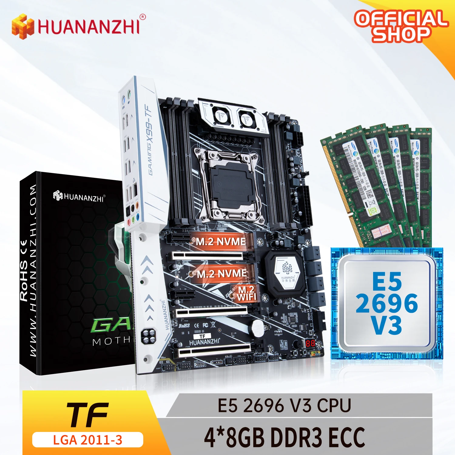 

HUANANZHI X99 TF LGA 2011-3 XEON X99 Motherboard with Intel E5 2696 V3 with 4*8G DDR3 RECC memory combo kit set NVME SATA