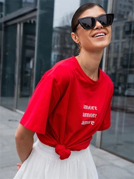 Red Oversized T-Shirt with Amore Amore Amore Print Women's T-Shirt Cotton Simple Design Summer Fashion Tee Boutique Drop Sleeve 1