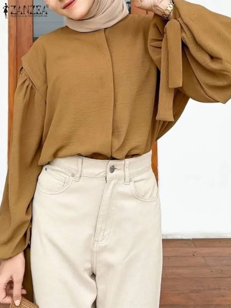 

ZANZEA Elegant Blouse Women Autumn Fashion Lace Up Tops Casual Muslim Abaya Shirt Loose Long Sleeve Solid Dubai Turkey Blusas