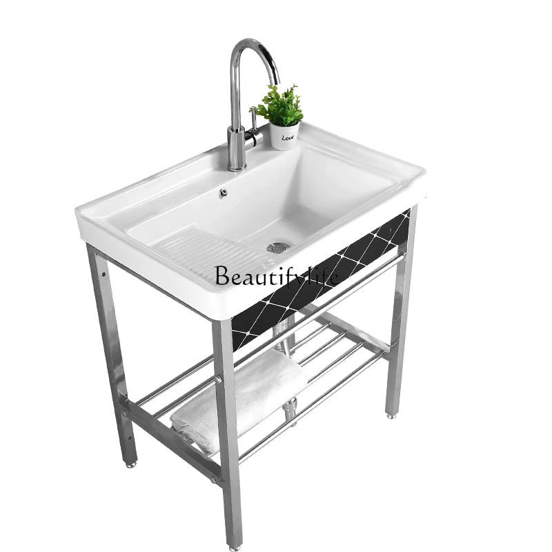 

Ceramic Stainless Steel Bracket Inter-Platform Basin Laundry Tub with Washboard Balcony Ultra-Deep Laundry Tub Pool Washbasin