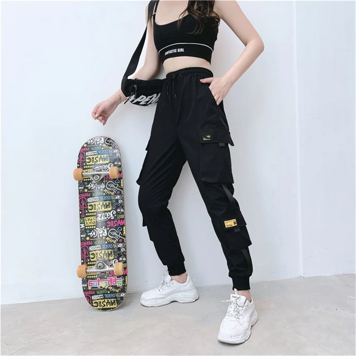 Black Cargo Pants Women Casual Joggers High Waist Loose Female Hip Hop Trousers Korean Punk Pants Funny Capri Streetwear Femme