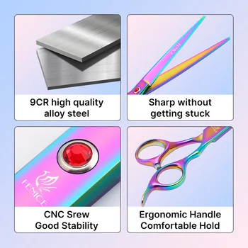 Fenice Classical Model homeuse 9cr steel 6.5/7.0 Inch rainbow&black dog grooming scissors Shears set for household pet owner 2