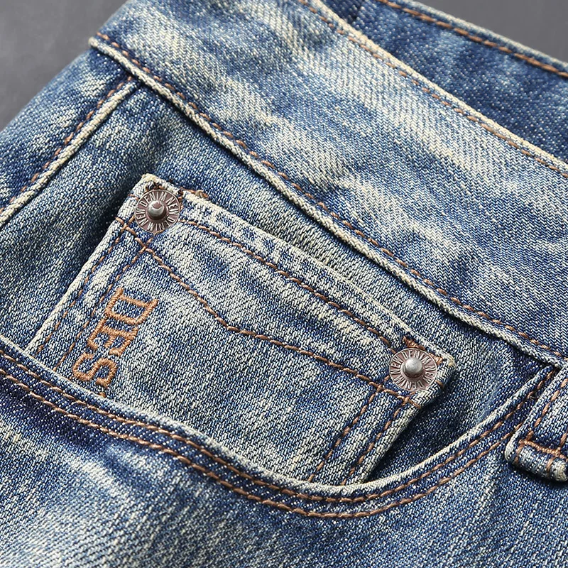 Fashion Designer Men Jeans Retro Washed Blue Elastic Slim Fit Ripped Jeans Men High Quality Trousers Vintage Denim Pants Hombre