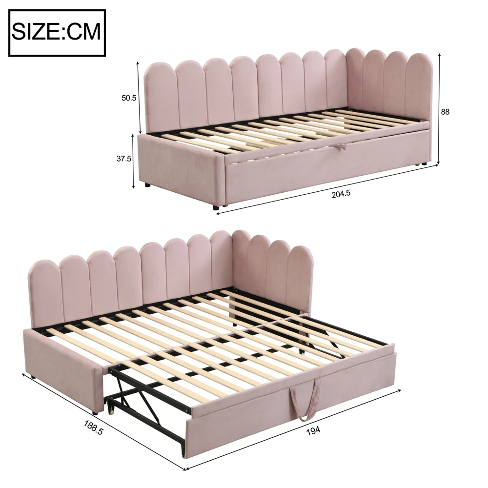 KOMHTOM 2-in-1 Multifunktions-Schlafsofa, Samtrosa Polsterbett Platzsparendes Design als Kinderbett oder Gästebett nutzbar – Detail 3