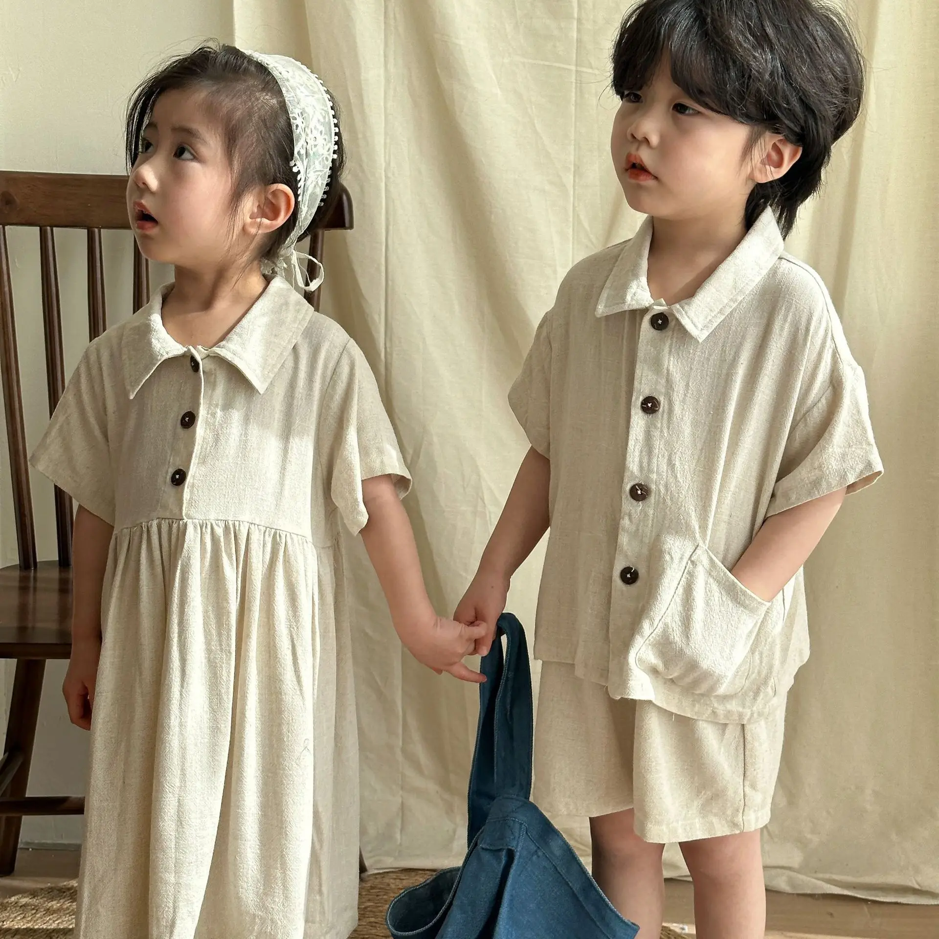 2-Piece Toddler Cotton Linen Outfit - Long Sleeve T-Shirt & Elastic Waist Pants Set
