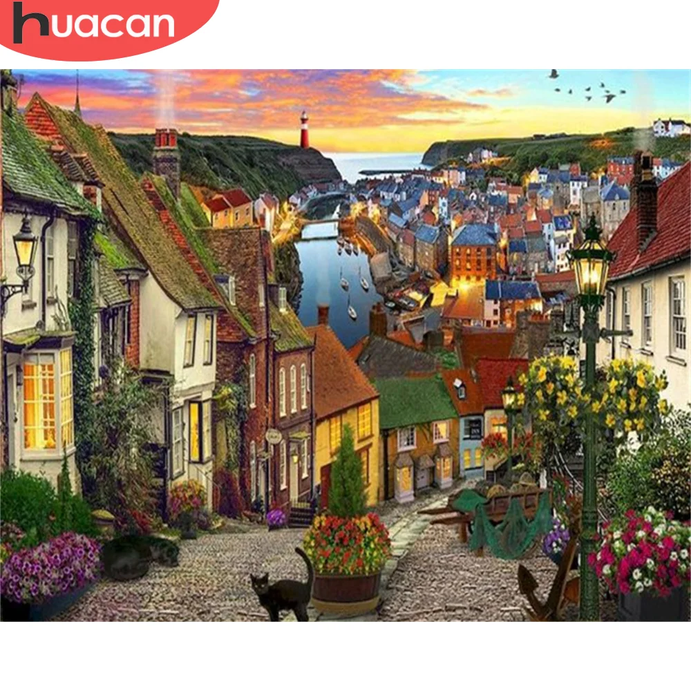 Huacan Picture By Numbers Town Landscape Diy Frame Acrylic Handpainted