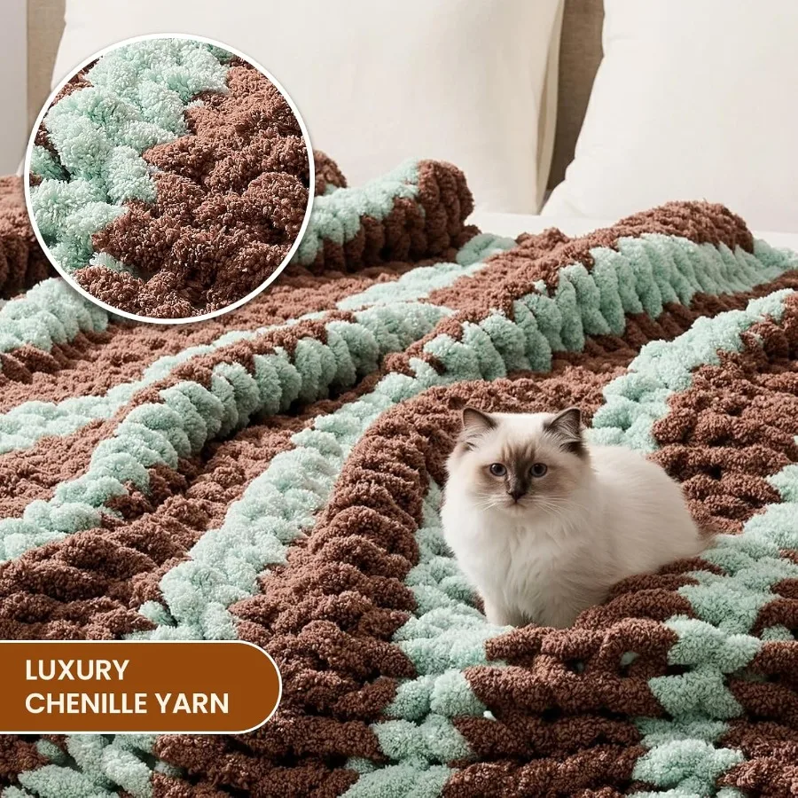 Chunky Knit Blanket Throw: 60''x80'' Chenille Chunky Knitted Throw Blankets for Twin Bed Couch Handmade Thick Cable Knit Blanke