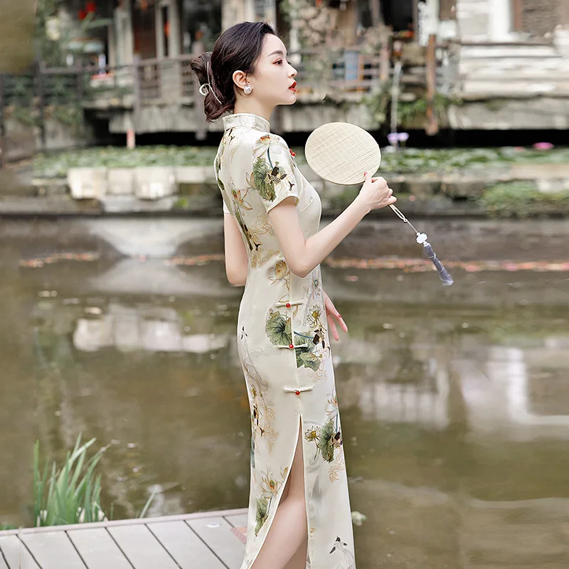 

Elegant Lotus Printed Satin Cheongsam Summer Traditional Mandarin Collar Short Sleeve Qipao Retro Chinese Women Dress