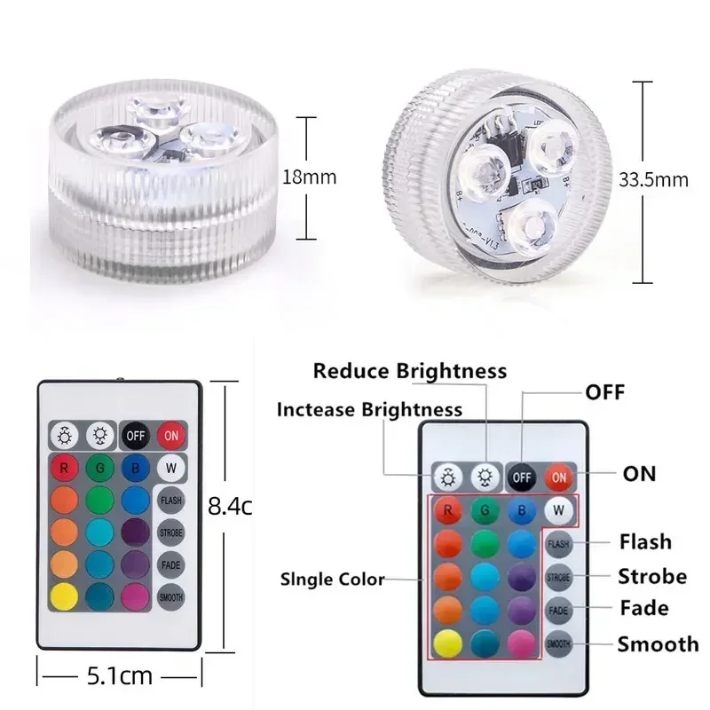 미니 COB LED 티라이트 (리모컨 포함) - 소형 수중 LED 16색 조명, 할로윈 장 배터리 작동 조명