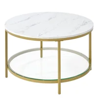 JHK 31IN Marble Round Coffee Table For Living Room 2-Tier Center Counter with Storage Metal Frame Glass Base Tables Modern 6