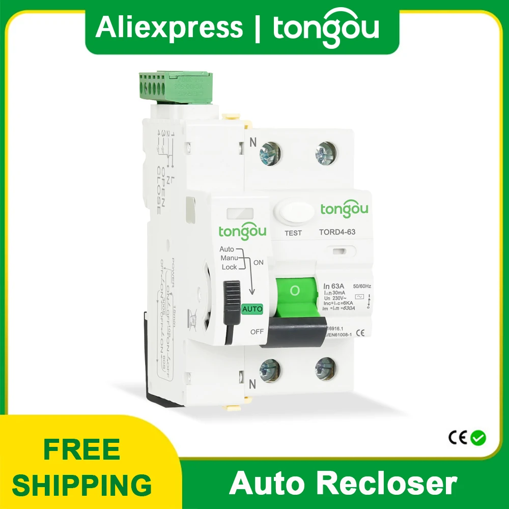 RCD FI-SCHUTZSCHALTER Typ AC Smart Automatische Selbst-Reclosing Gerät  Differential Circuit Breaker 2P 230V 6KA 63A 10mA 30mA 100mA 300mA TONGOU