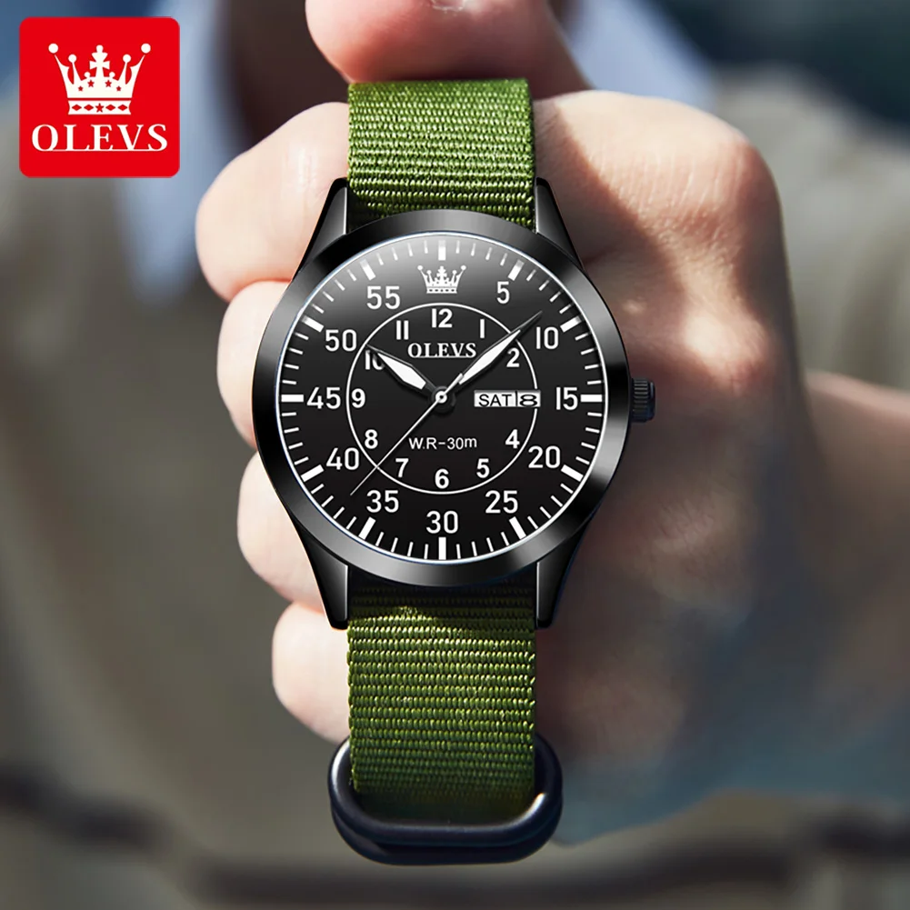 OLEVS Sports Nylon Strap Waterproof Military Watch for Men Fashion Week Calendar Mens Watches Top Brand Luxury Relogio Masculino