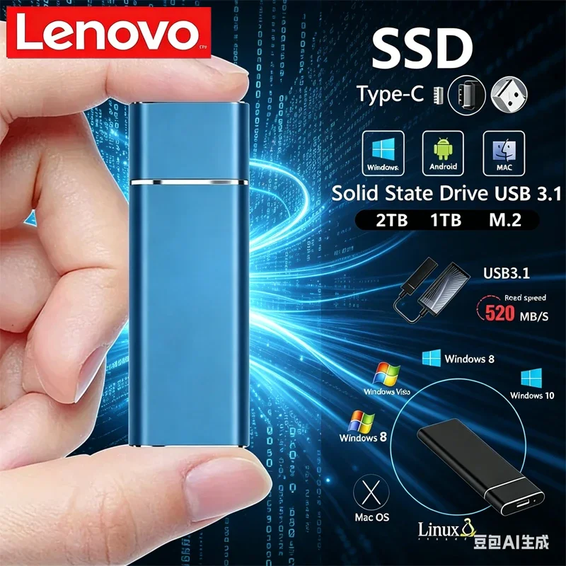레노버 미니 휴대용 SSD 256TB 1TB 2TB 고속 오리지널 대용량 저장 장치 SSD USB3.0 외장 하드 드라이브 (컴퓨터/노트북용)
