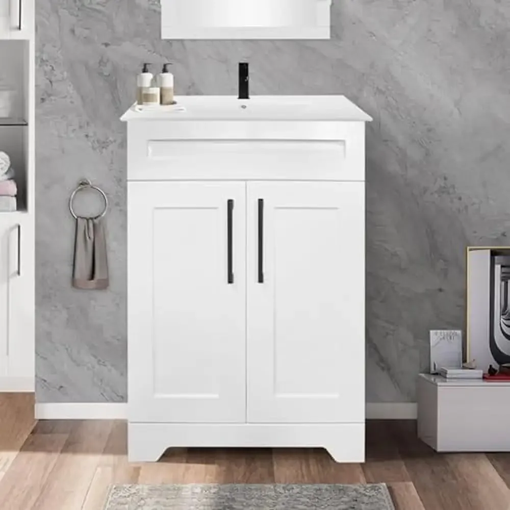 24" White Bathroom Vanity Cabinet Ceramic Sink Combo Double Door Storage Matte Black Faucet Freestanding Modern Style Oversize 5