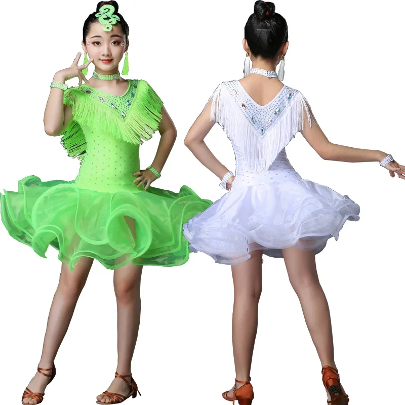 

Tassels Girls Ballroom Latin Dance Clothes Kids Salsa Performance Costumes Girls Sequined Figure Skating Dress Rave Outfits