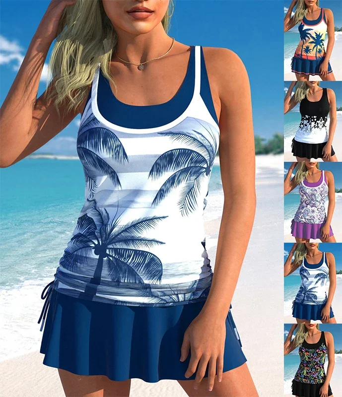 Women's Beach Suit Coconut Print Tankini Swimsuit Two Piece Bikini Set Seaside Vacation S-6XL