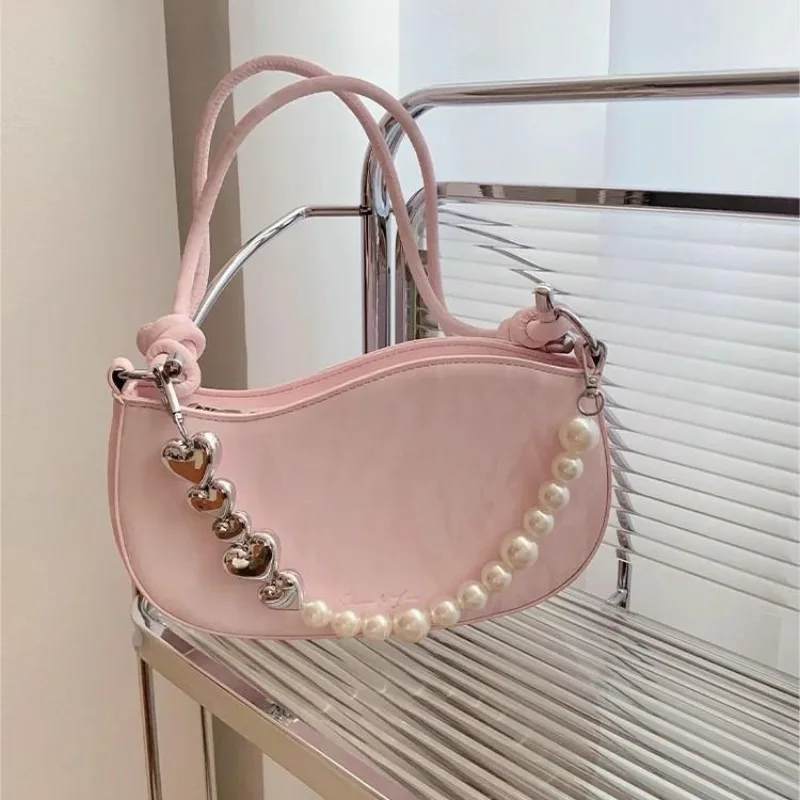 

Xiuya Pink Pearl Womens Shoulder Bag Elegant Chains Beading Leather Korean Fashion Handbag Commuter Casual Ladies Aesthetic Bags