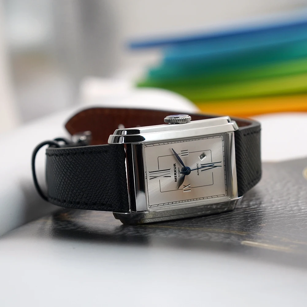 Merkur NH05 Rectangle Retro Casual Automatic Watch Salmon Dial Sapphire For Men