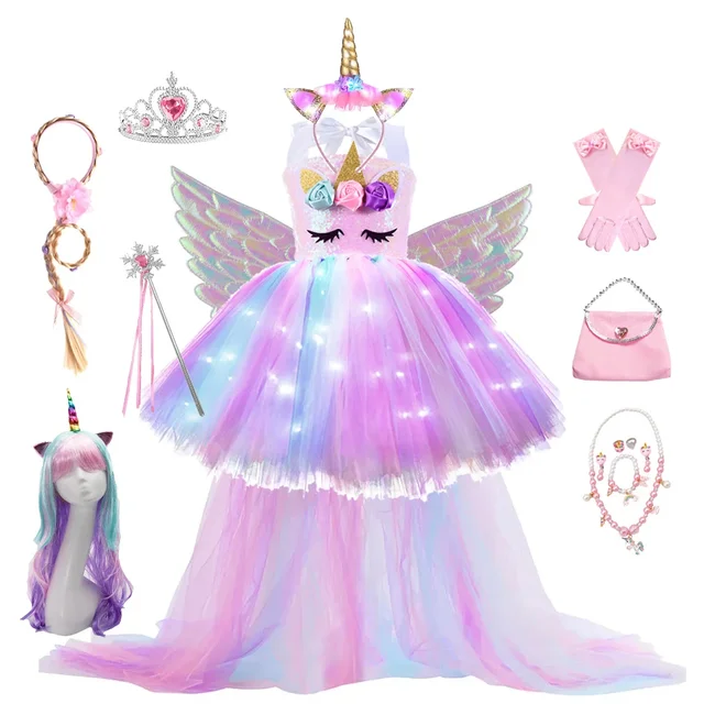 Kids Long Tail Unicorn Dress with LED Lights Girls Birthday Party Dress Princess Carnival Costume Hairband Pastel Rainbow Gown 1