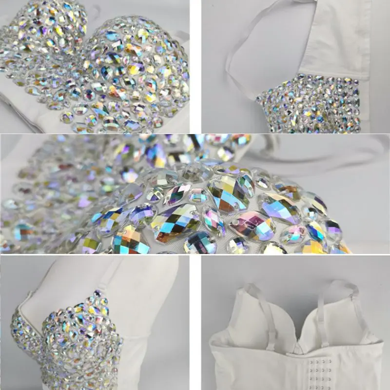 Women AB Colored for rhinestone Bustier Crop Top  Push Up Corset 449B
