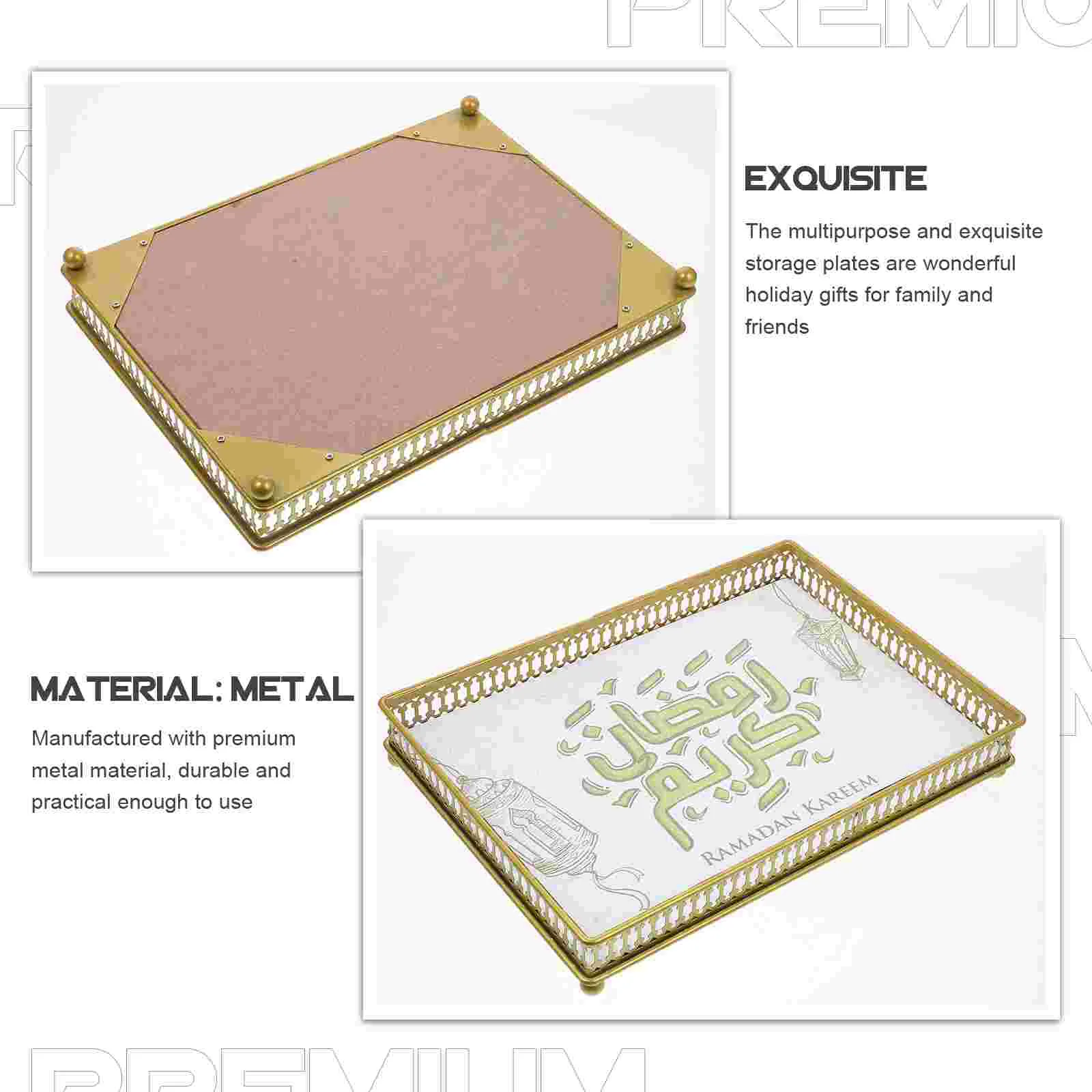 1pc Muslim Service Plate Eid Party Storage Plate Metal Square Tray (Golden) Eid Tray Snack Plate Party Supplies 5